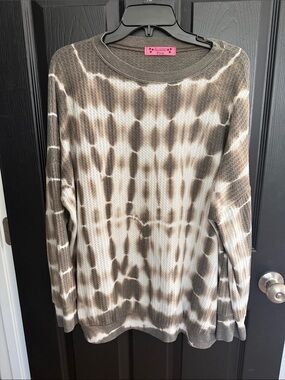 Almost Pink Boutique Tie-Dye Waffle Knit Crew Tunic in Brown and Cream